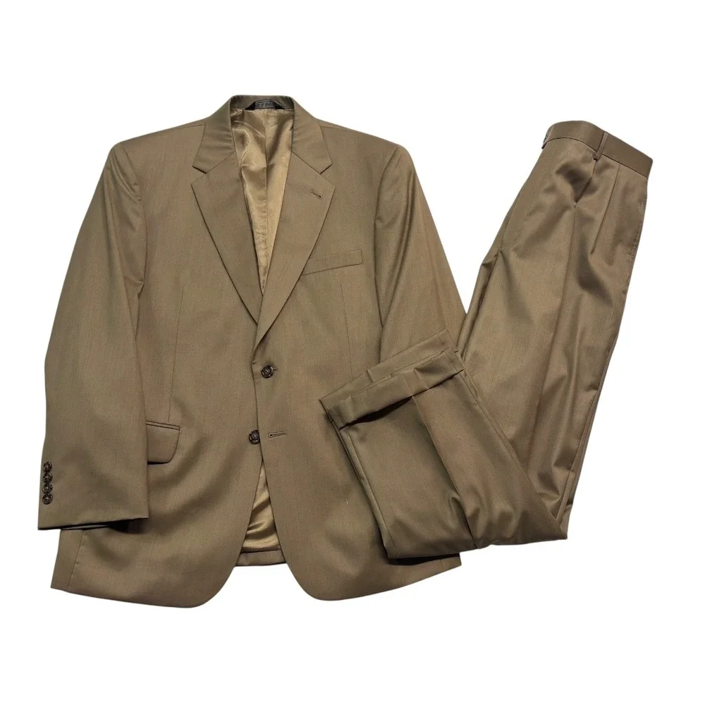 Jos A Bank 42S 36x30 Tan 2pc Pant Suit Signature Collection Pleated Cuffed Wool